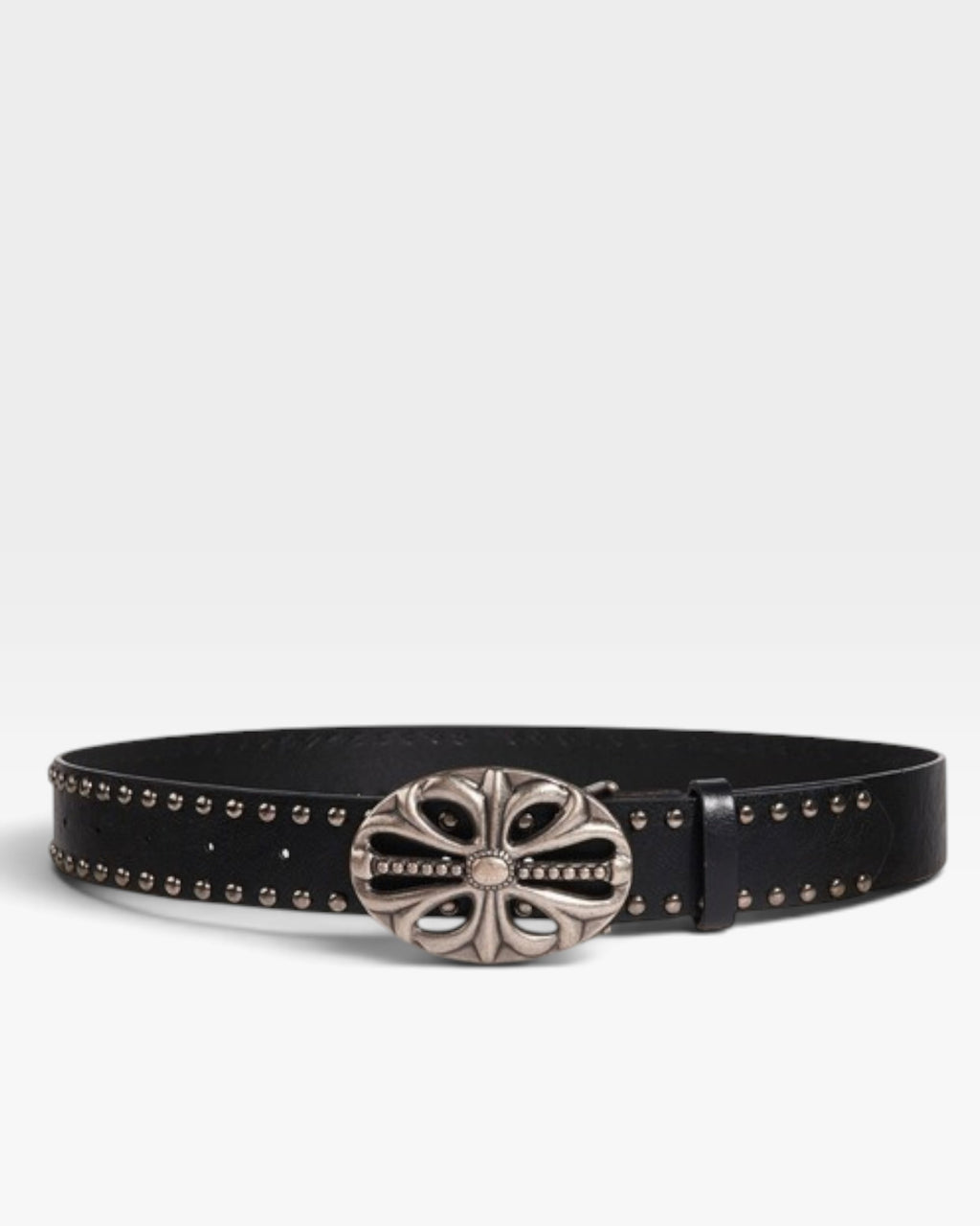 Black Studded Western Belt with Silver Floral Buckle