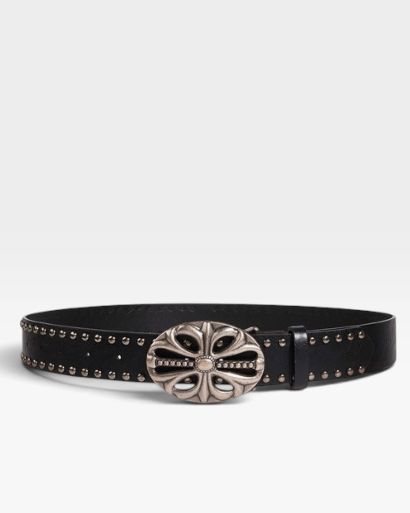 Black Studded Western Belt with Silver Floral Buckle