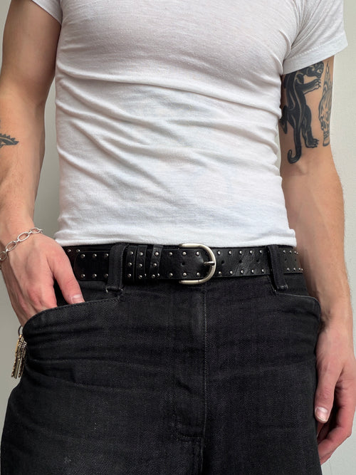 Black Double Row Studded Belt with Silver Buckle