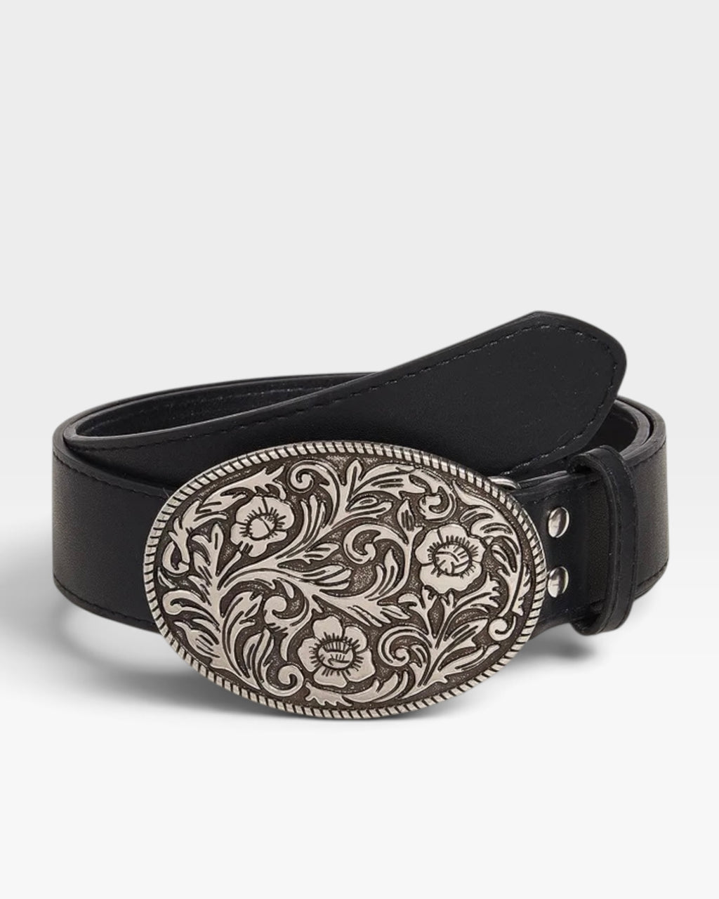 Black Western Belt with Oval Silver Floral Buckle