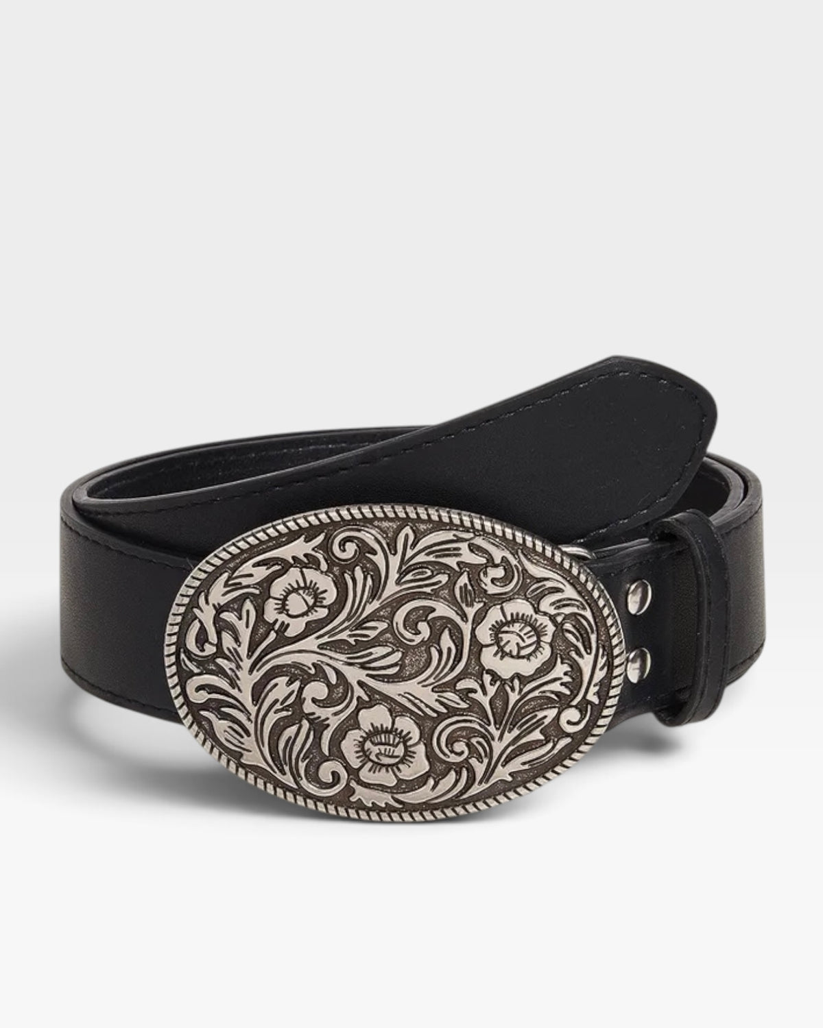 Black Western Belt with Oval Silver Floral Buckle