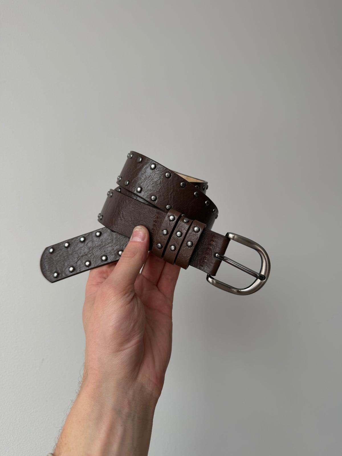 Brown Double Row Studded Belt with Silver Buckle