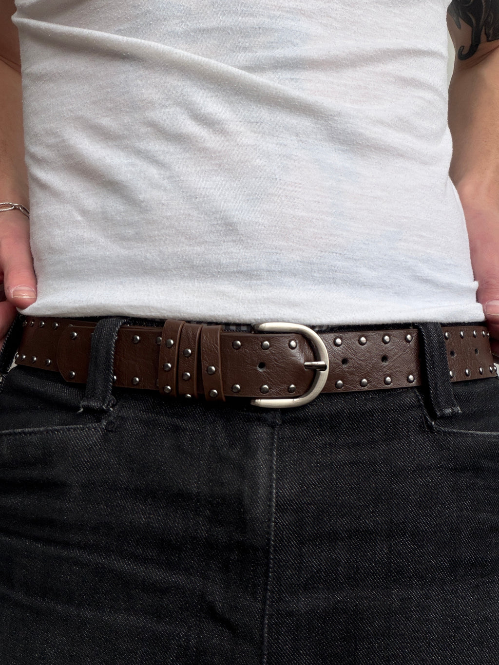 Brown Double Row Studded Belt with Silver Buckle
