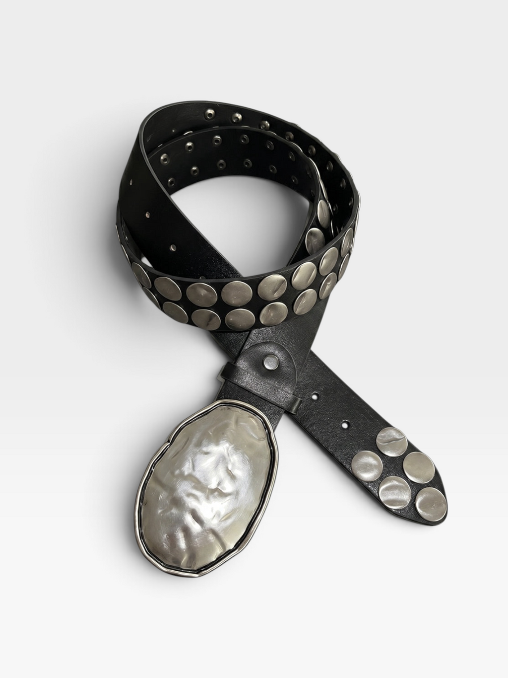 Black Oversized Studded Belt with Hammered Silver Buckle