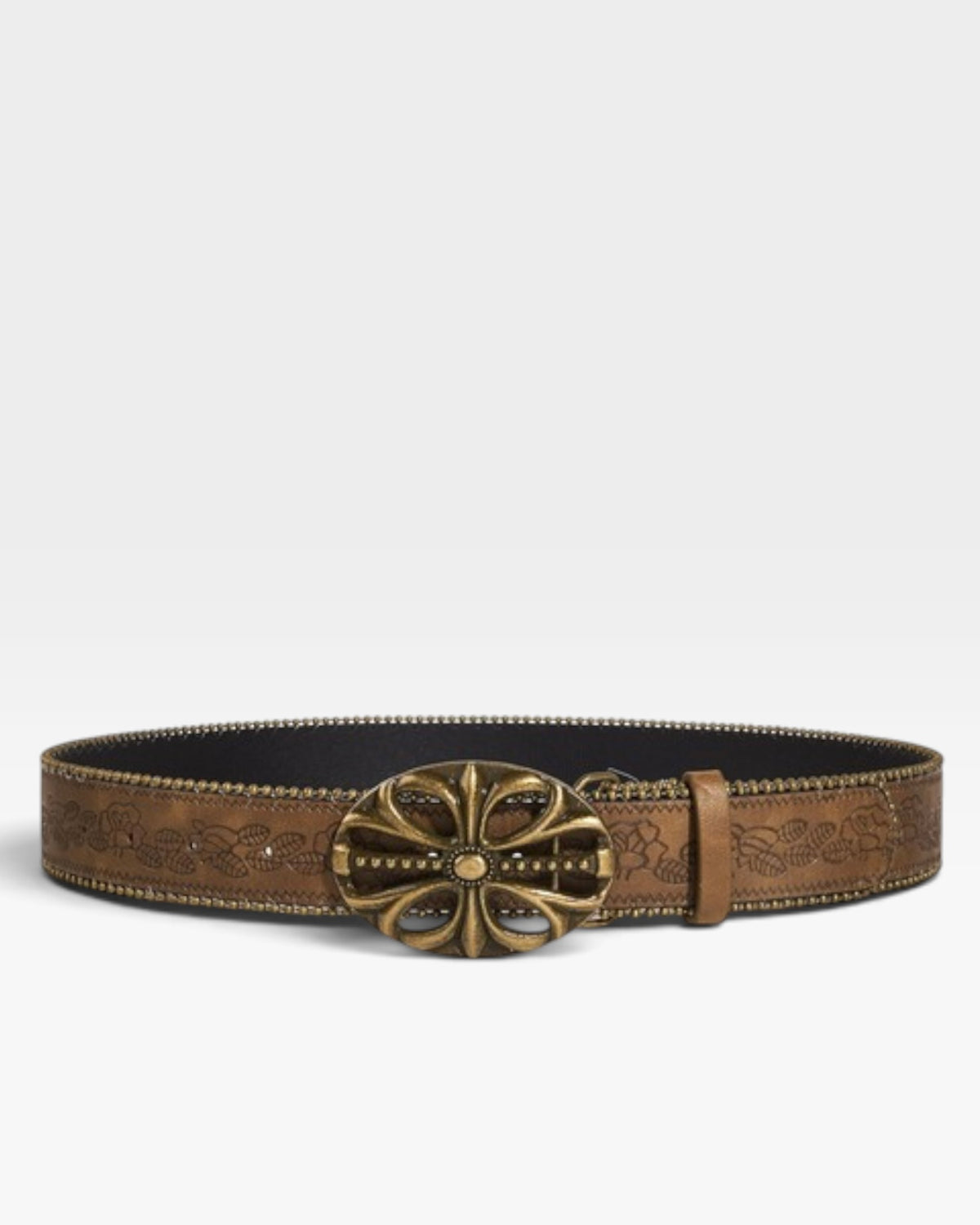 Brown Studded Western Belt with Antique Gold Floral Buckle