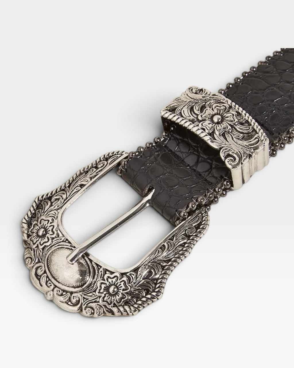 Black Croc Embossed Western Belt with Ornate Silver Buckle Set