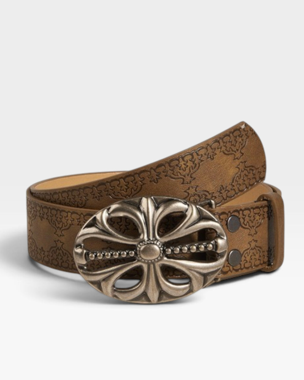 Brown Embossed Western Belt with Oversized Silver Floral Buckle