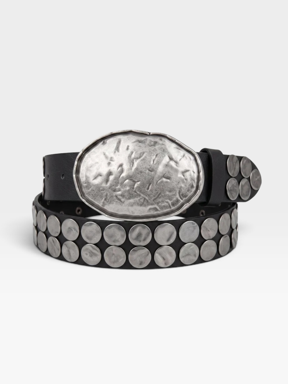 Black Oversized Studded Belt with Hammered Silver Buckle