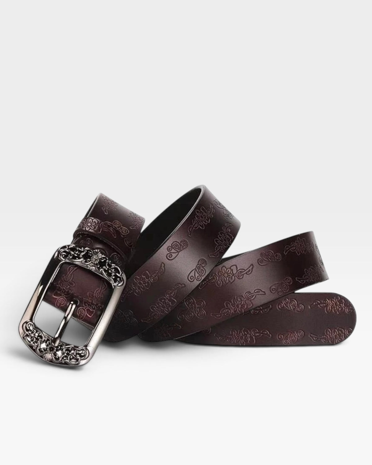 Brown Floral Embossed Belt with Ornate Silver Buckle