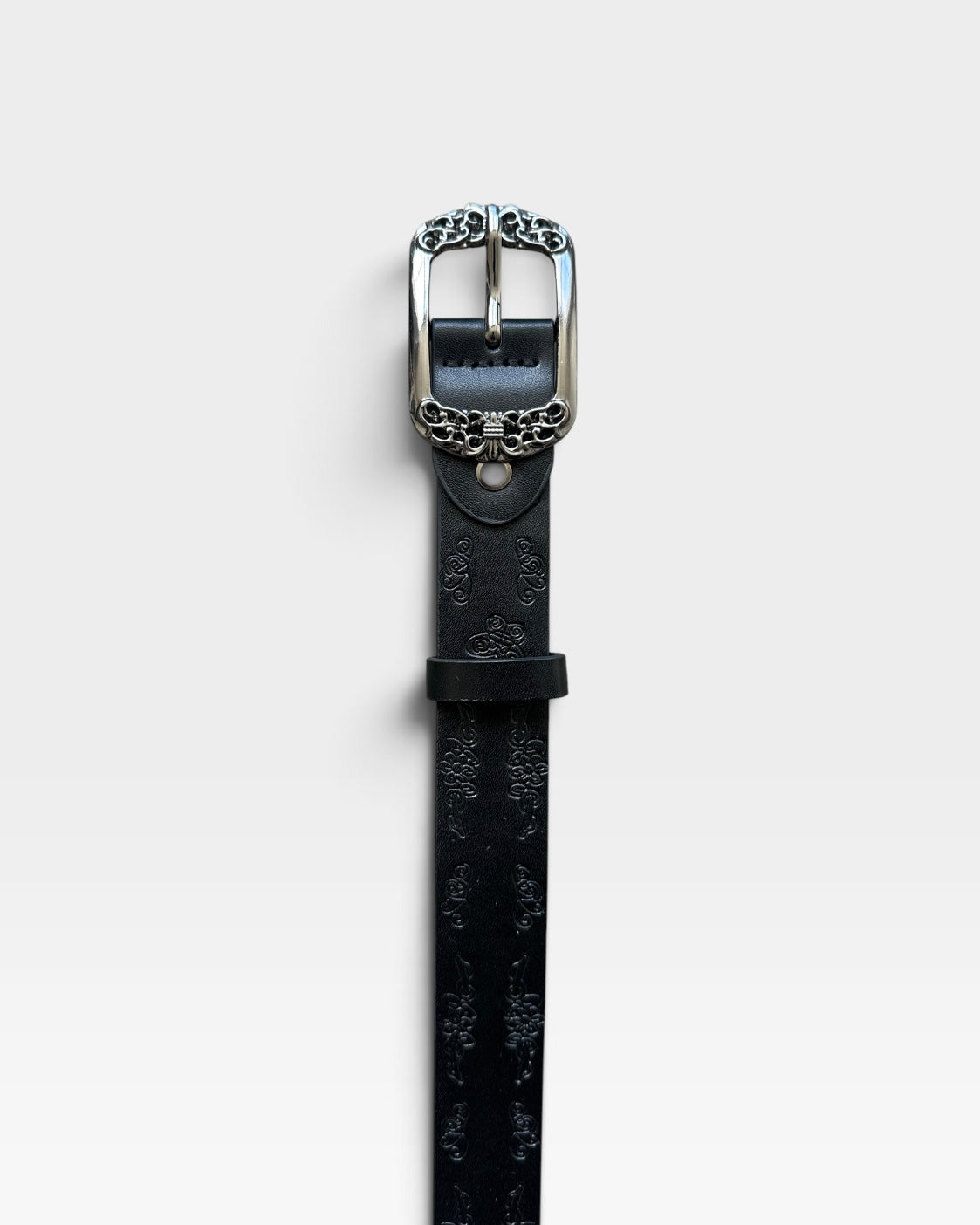 Black Floral Embossed Belt with Ornate Silver Buckle
