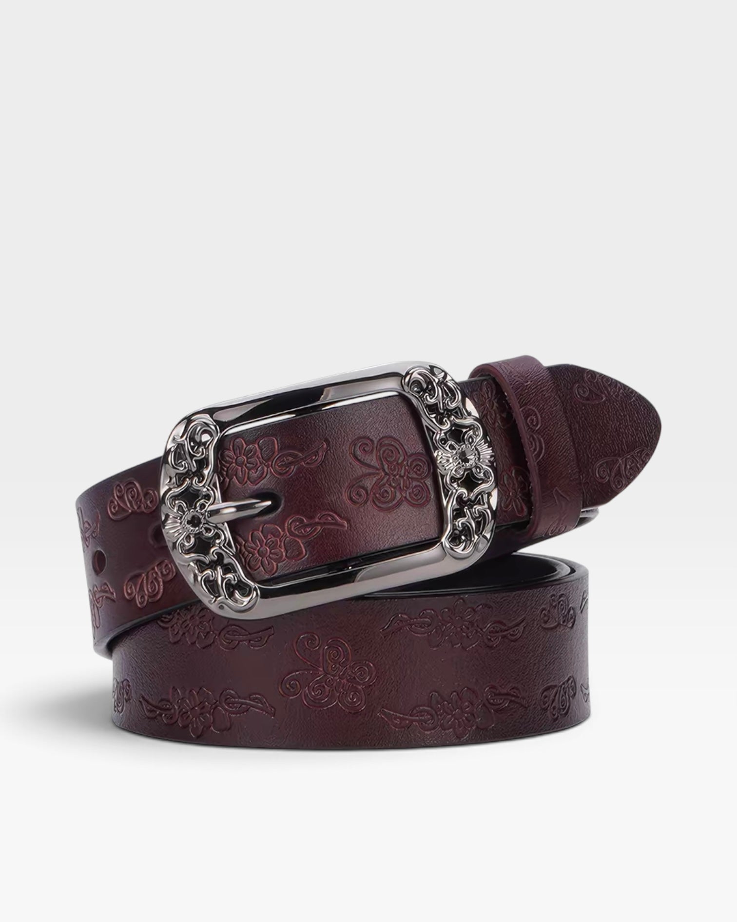 Brown Floral Embossed Belt with Ornate Silver Buckle