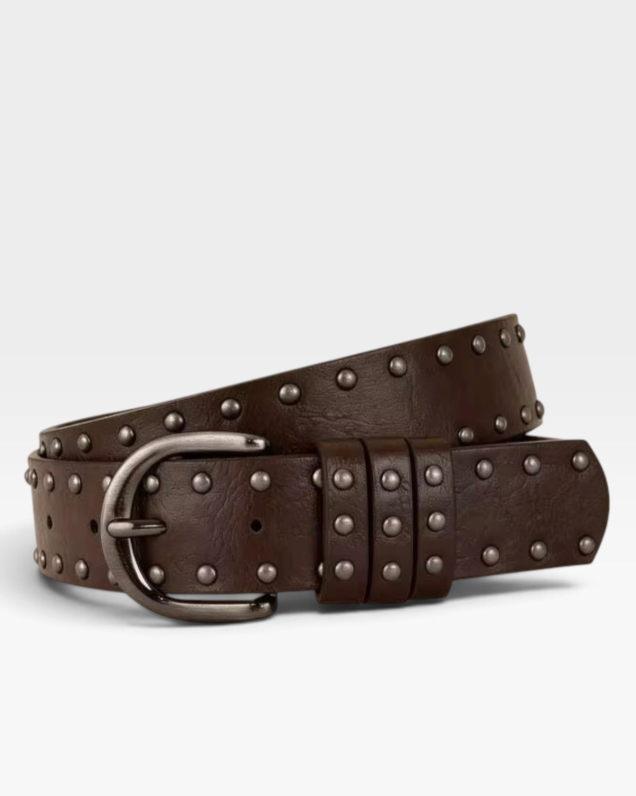 Brown Double Row Studded Belt with Silver Buckle