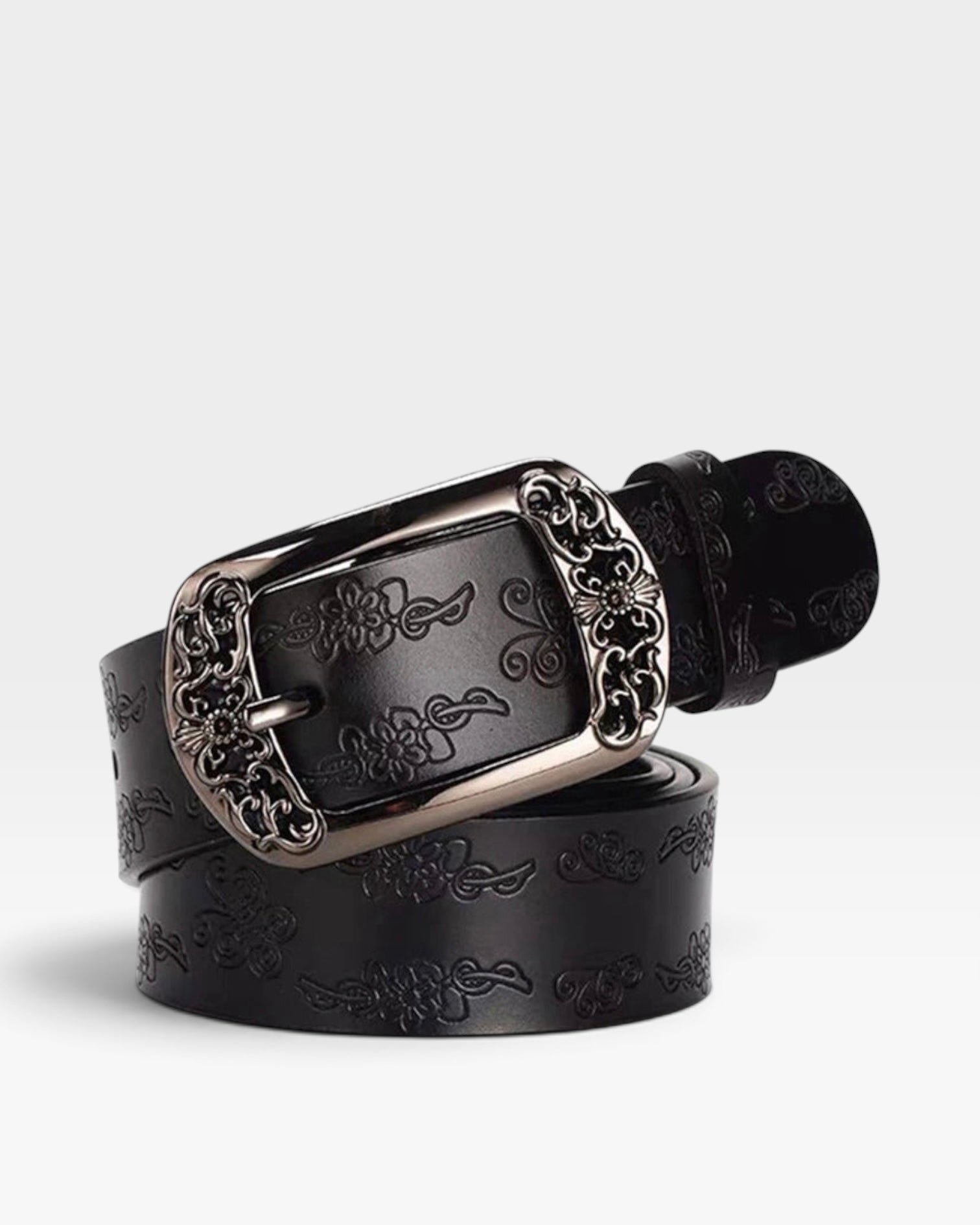 Black Floral Embossed Belt with Ornate Silver Buckle
