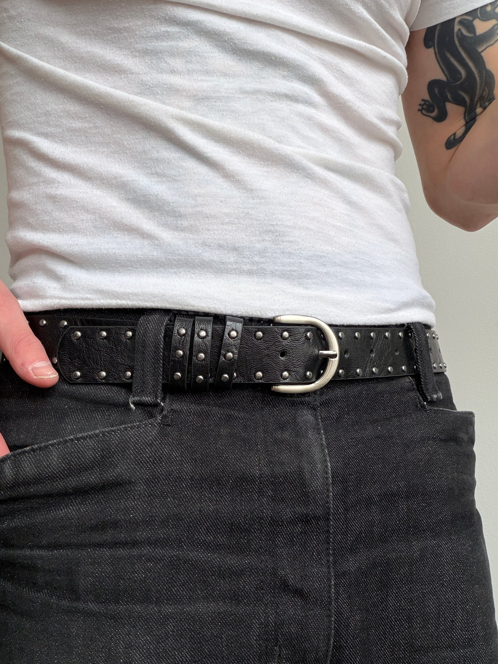 Black Double Row Studded Belt with Silver Buckle