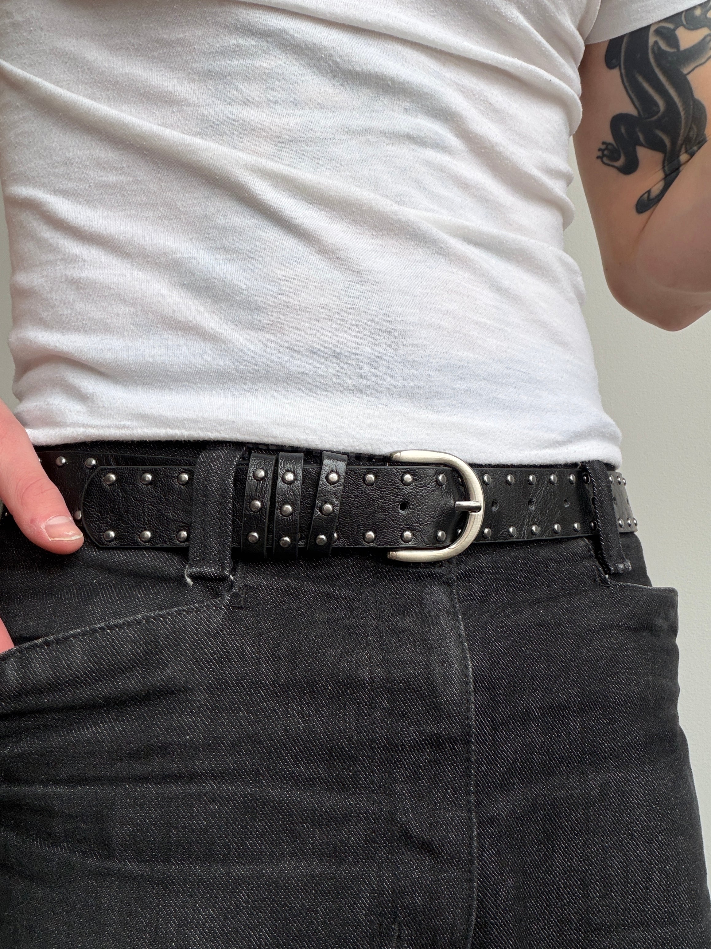 Black Double Row Studded Belt with Silver Buckle