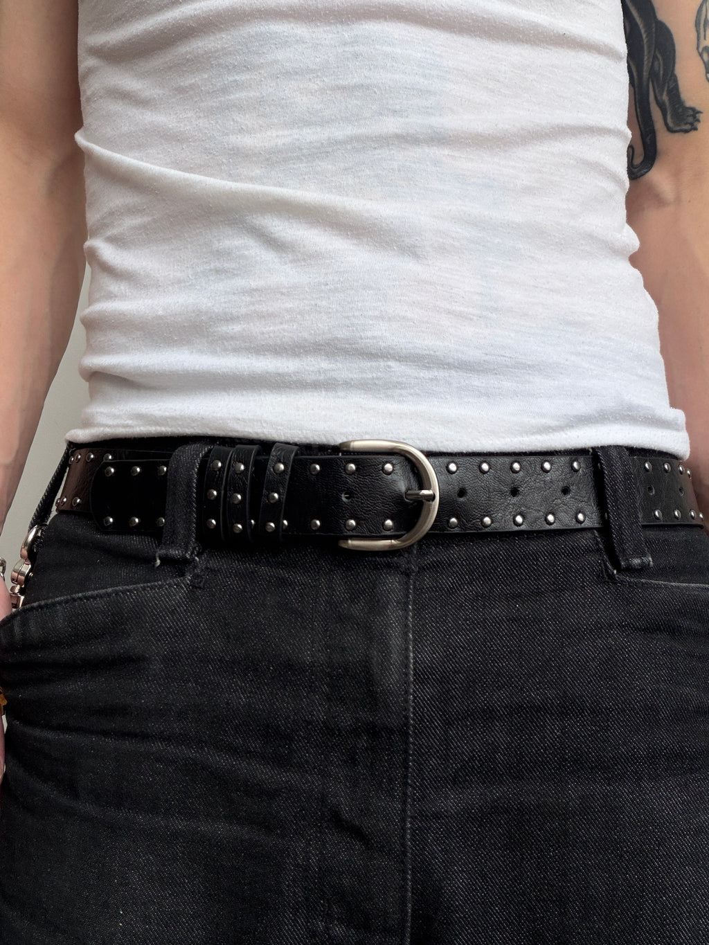 Black Double Row Studded Belt with Silver Buckle