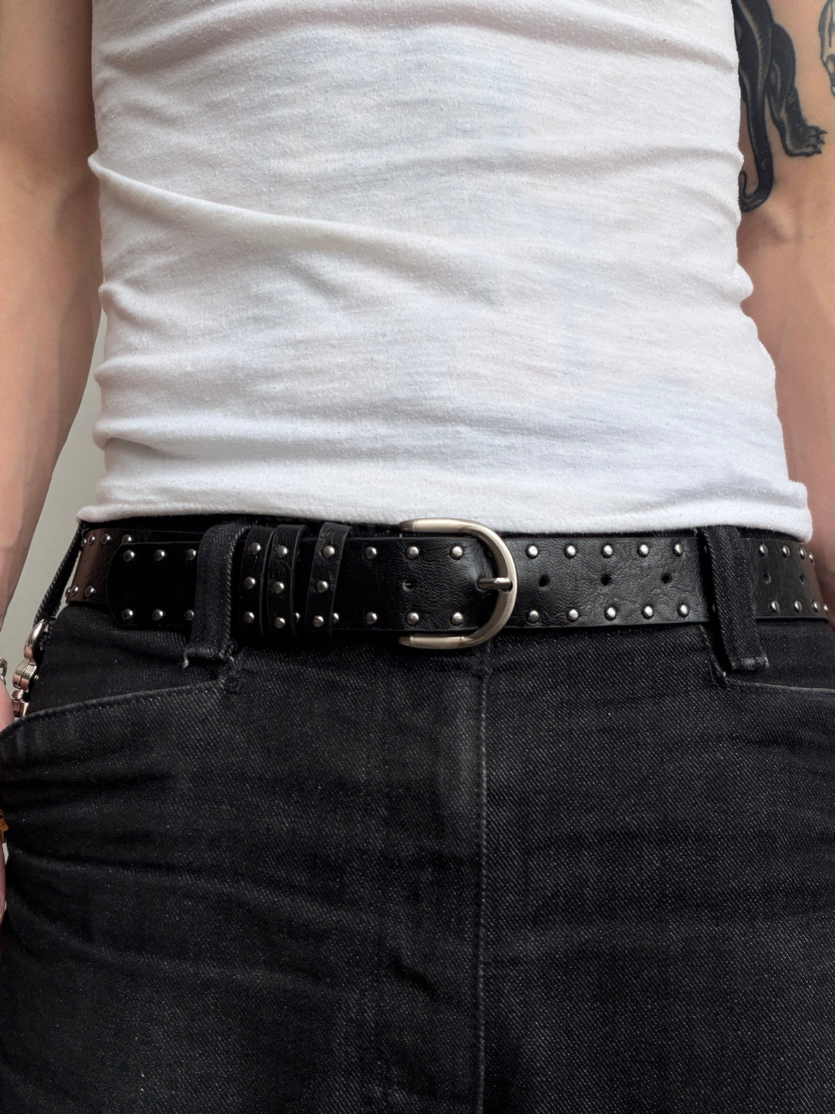 Black Double Row Studded Belt with Silver Buckle