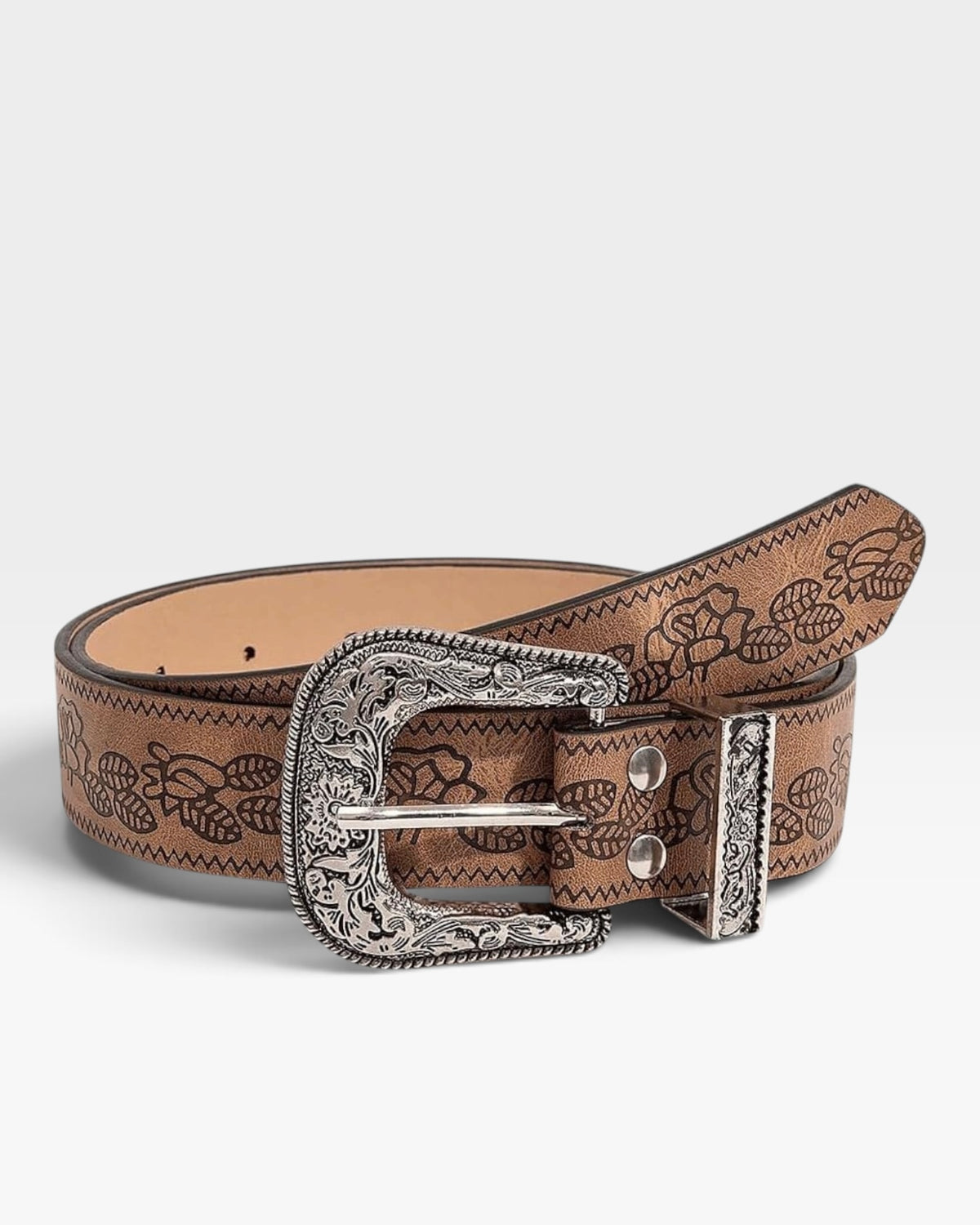 Brown Floral Embossed Western Belt with Ornate Silver Buckle