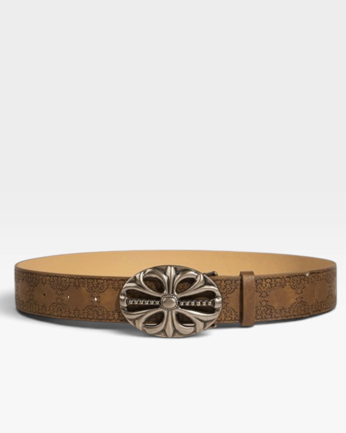 Brown Embossed Western Belt with Oversized Silver Floral Buckle