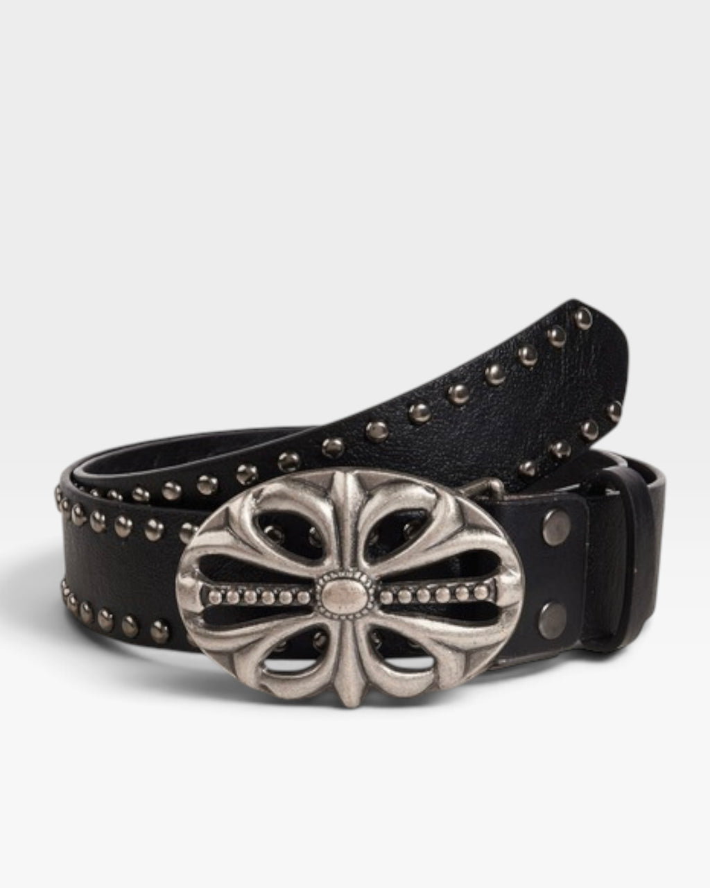 Black Studded Western Belt with Silver Floral Buckle