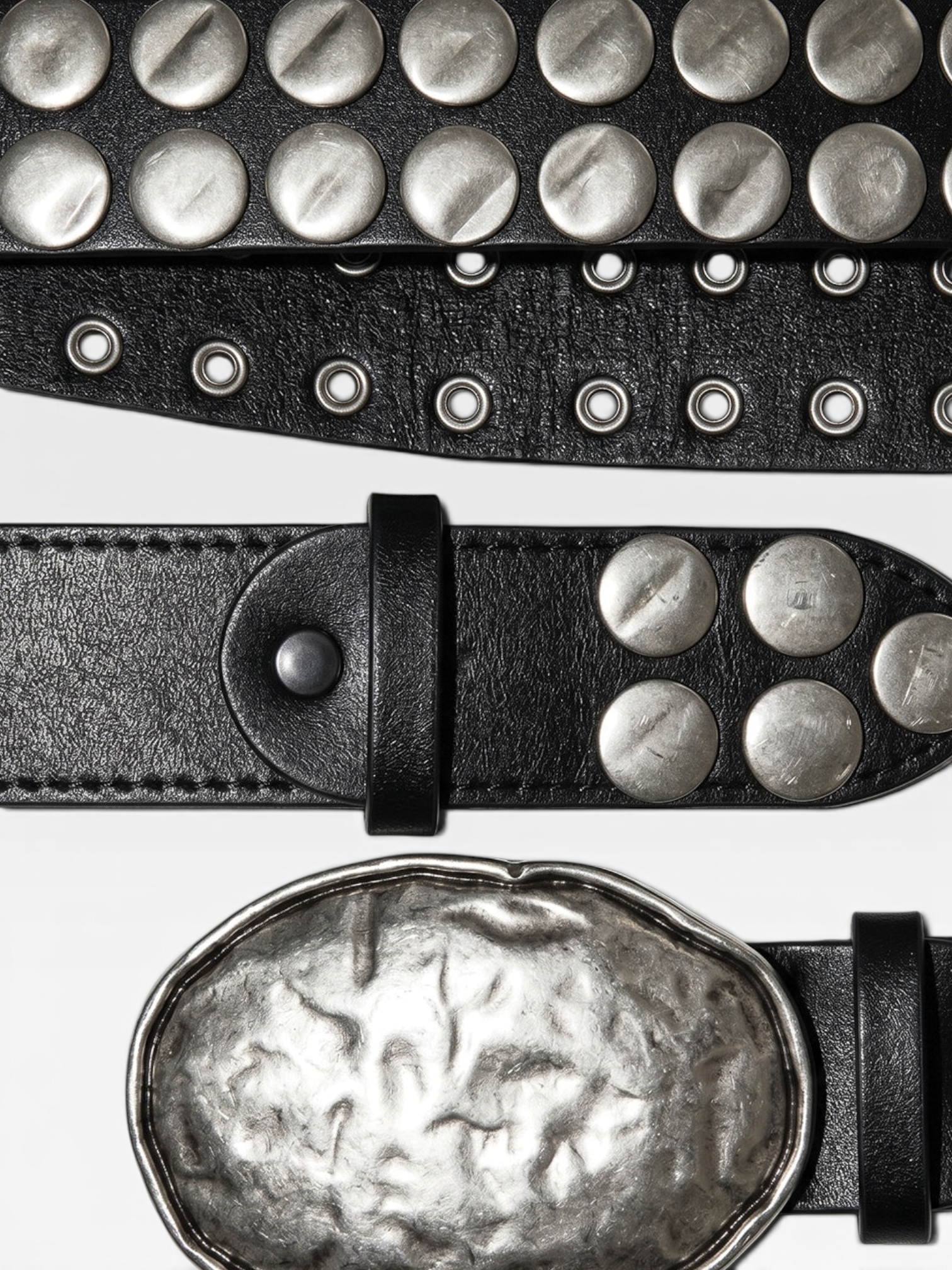 Black Oversized Studded Belt with Hammered Silver Buckle