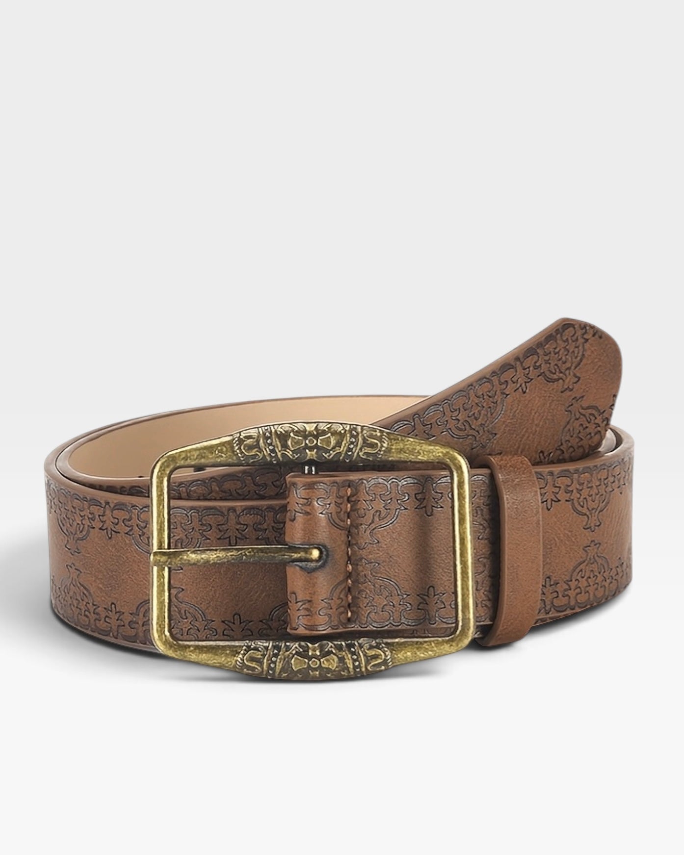 Brown Embossed Western Belt with Antique Gold Buckle
