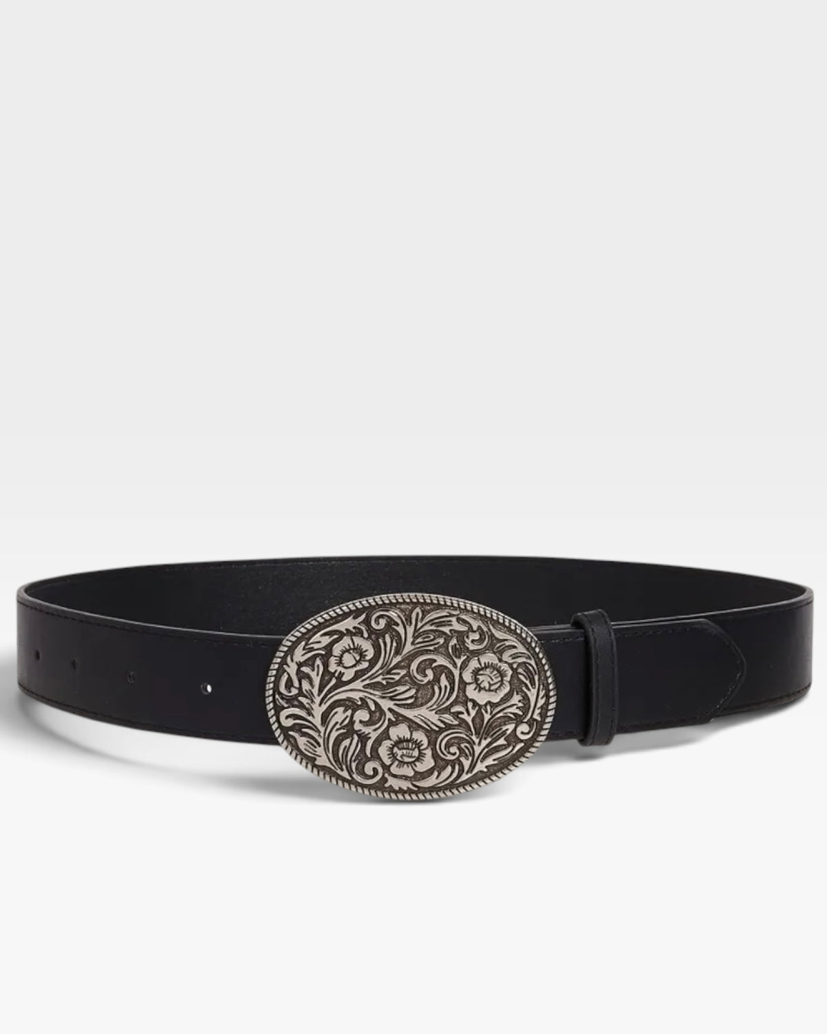 Black Western Belt with Oval Silver Floral Buckle