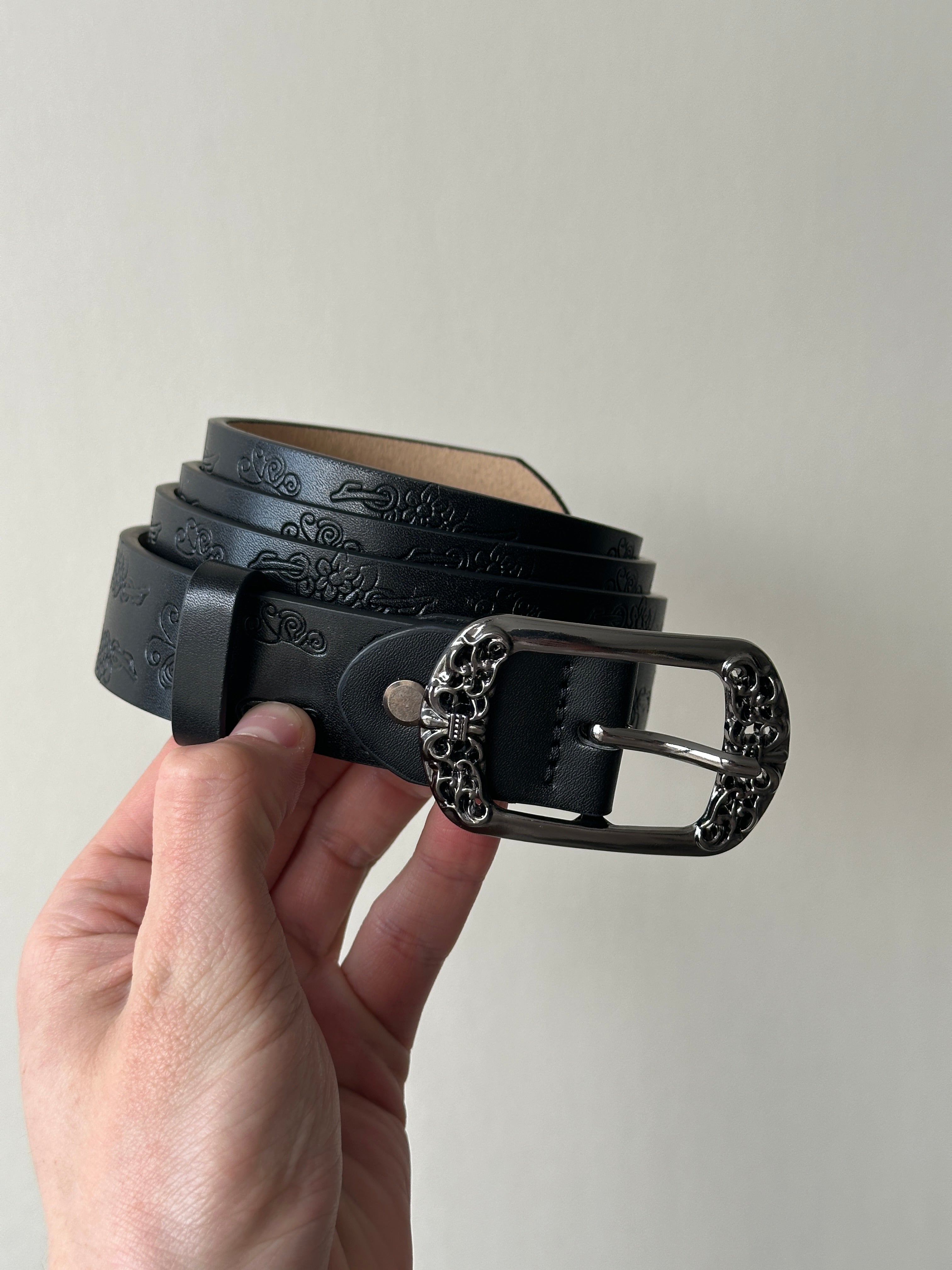 Black Floral Embossed Belt with Ornate Silver Buckle