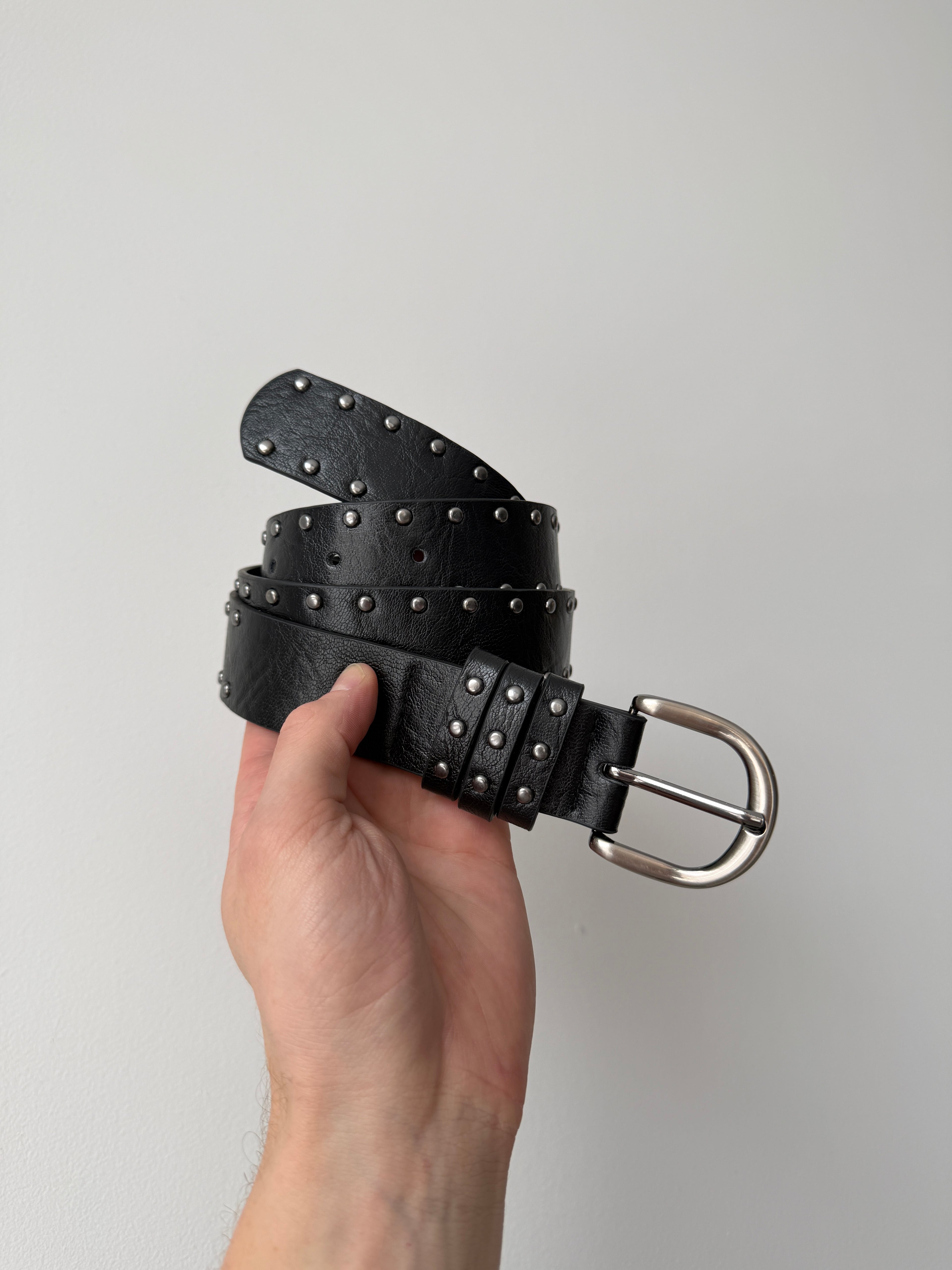 Black Double Row Studded Belt with Silver Buckle