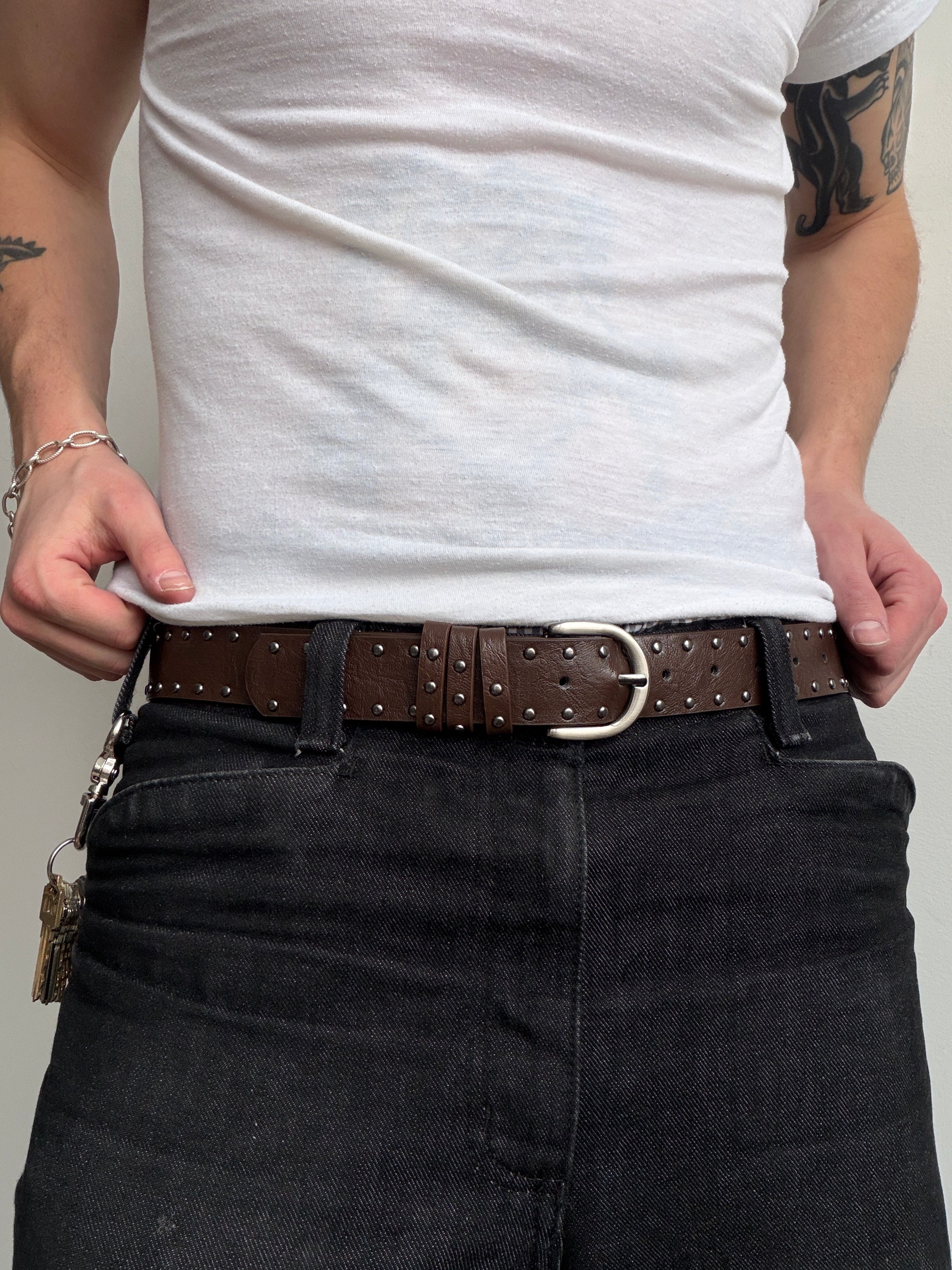 Brown Double Row Studded Belt with Silver Buckle
