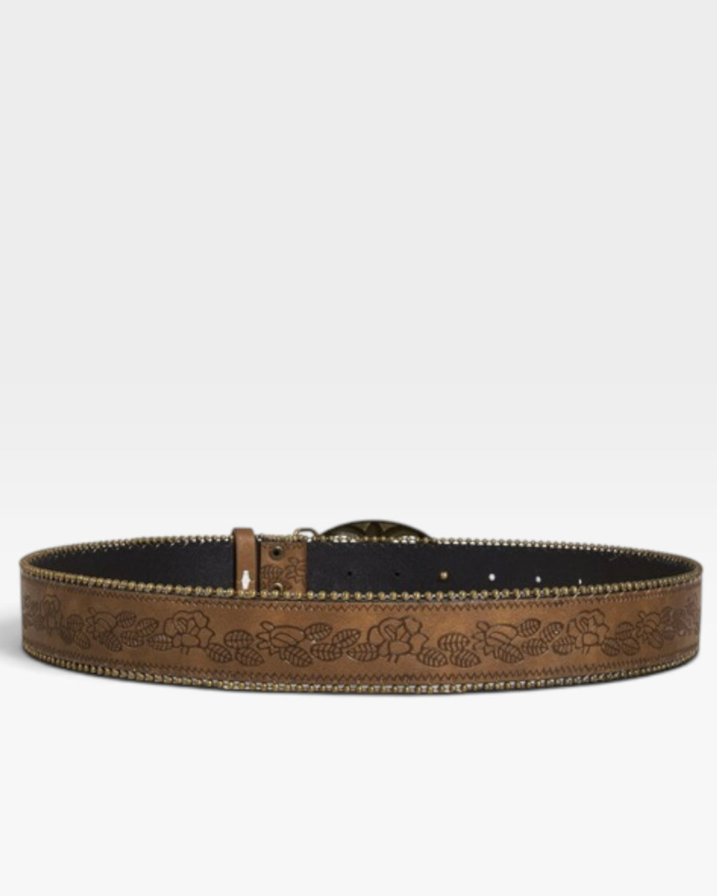 Brown Studded Western Belt with Antique Gold Floral Buckle