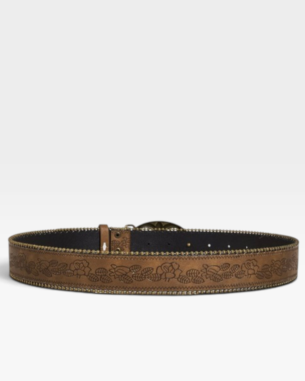 Brown Studded Western Belt with Antique Gold Floral Buckle