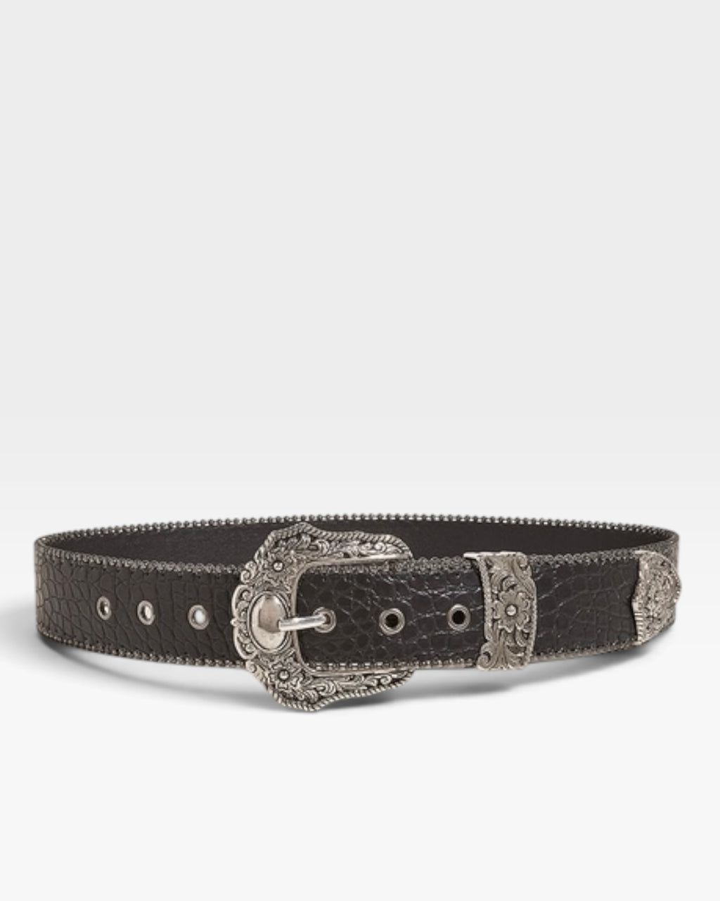 Black Croc Embossed Western Belt with Ornate Silver Buckle Set