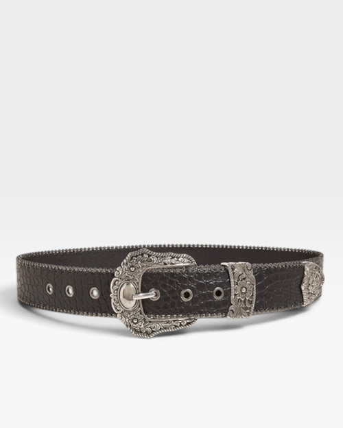 Black Croc Embossed Western Belt with Ornate Silver Buckle Set