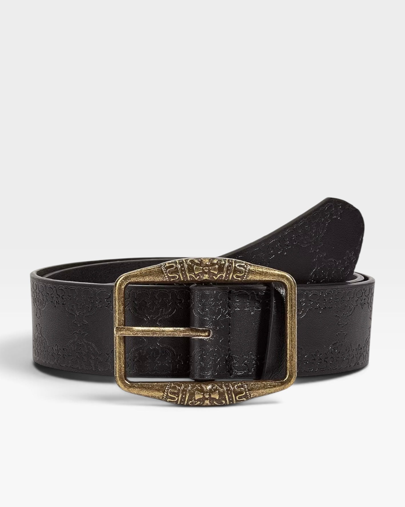 Black Embossed Western Belt with Antique Gold Buckle