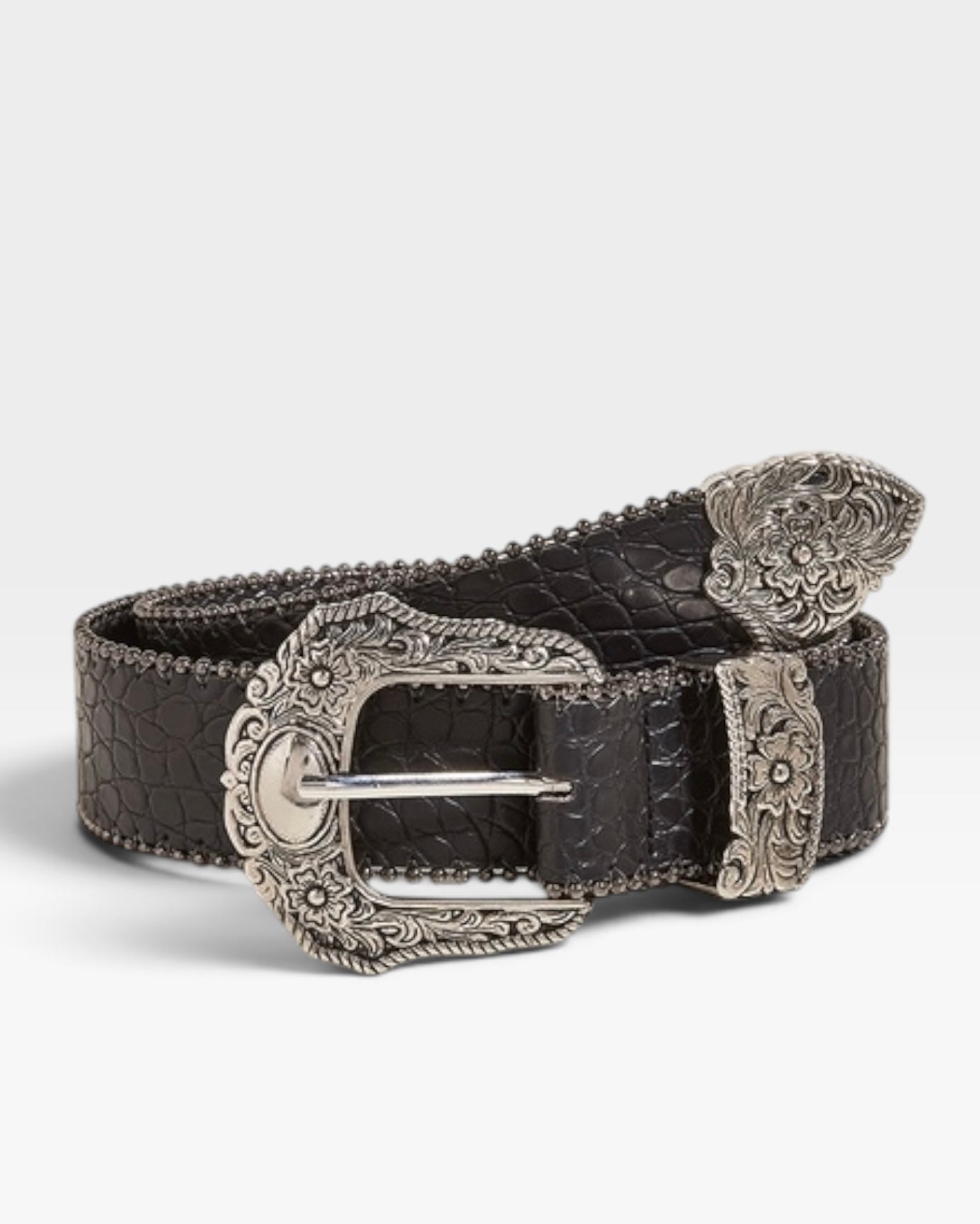 Black Croc Embossed Western Belt with Ornate Silver Buckle Set