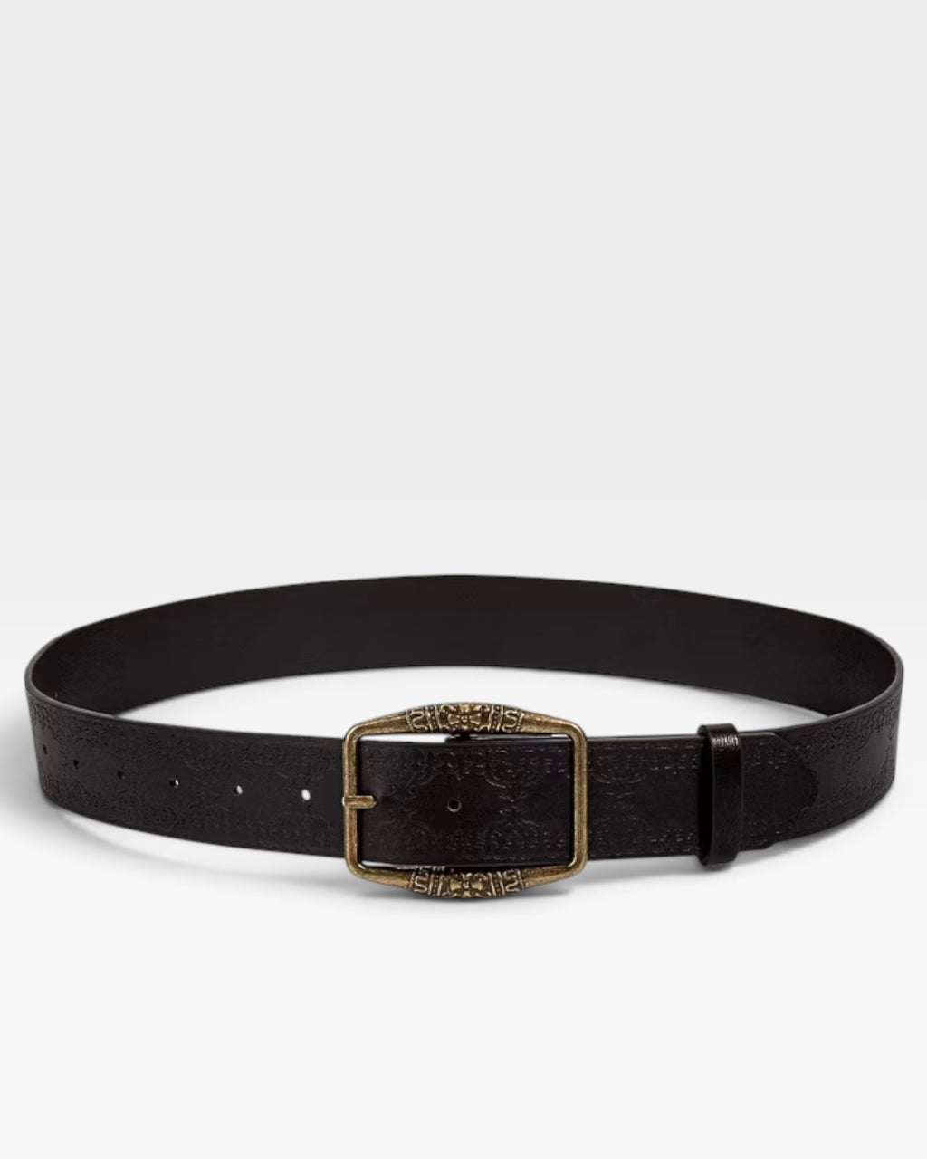 Black Embossed Western Belt with Antique Gold Buckle