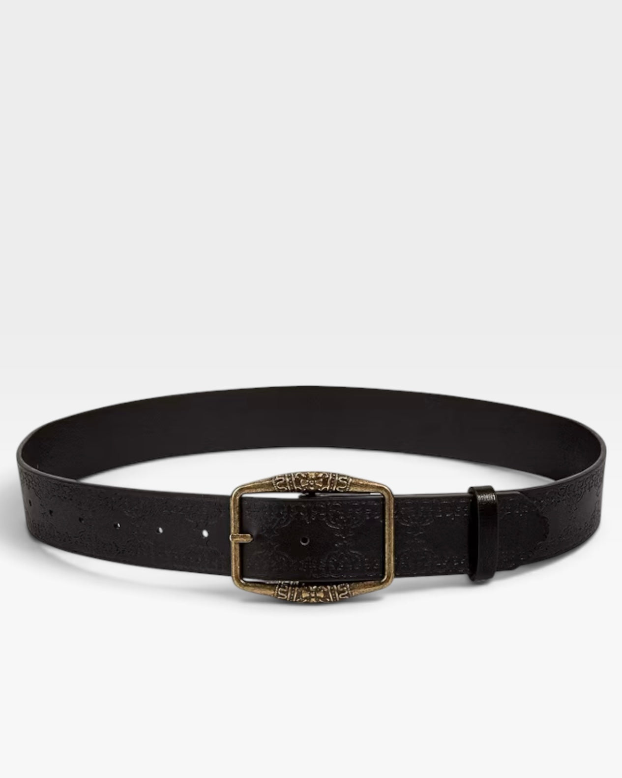 Black Embossed Western Belt with Antique Gold Buckle