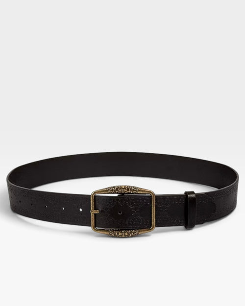 Black Embossed Western Belt with Antique Gold Buckle