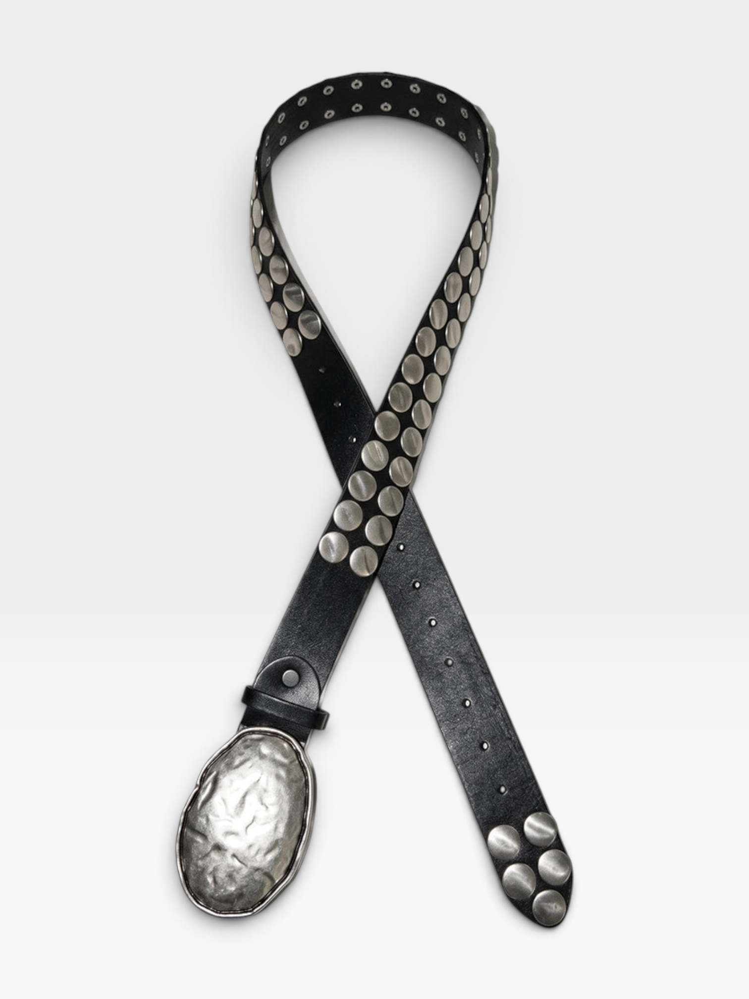 Black Oversized Studded Belt with Hammered Silver Buckle