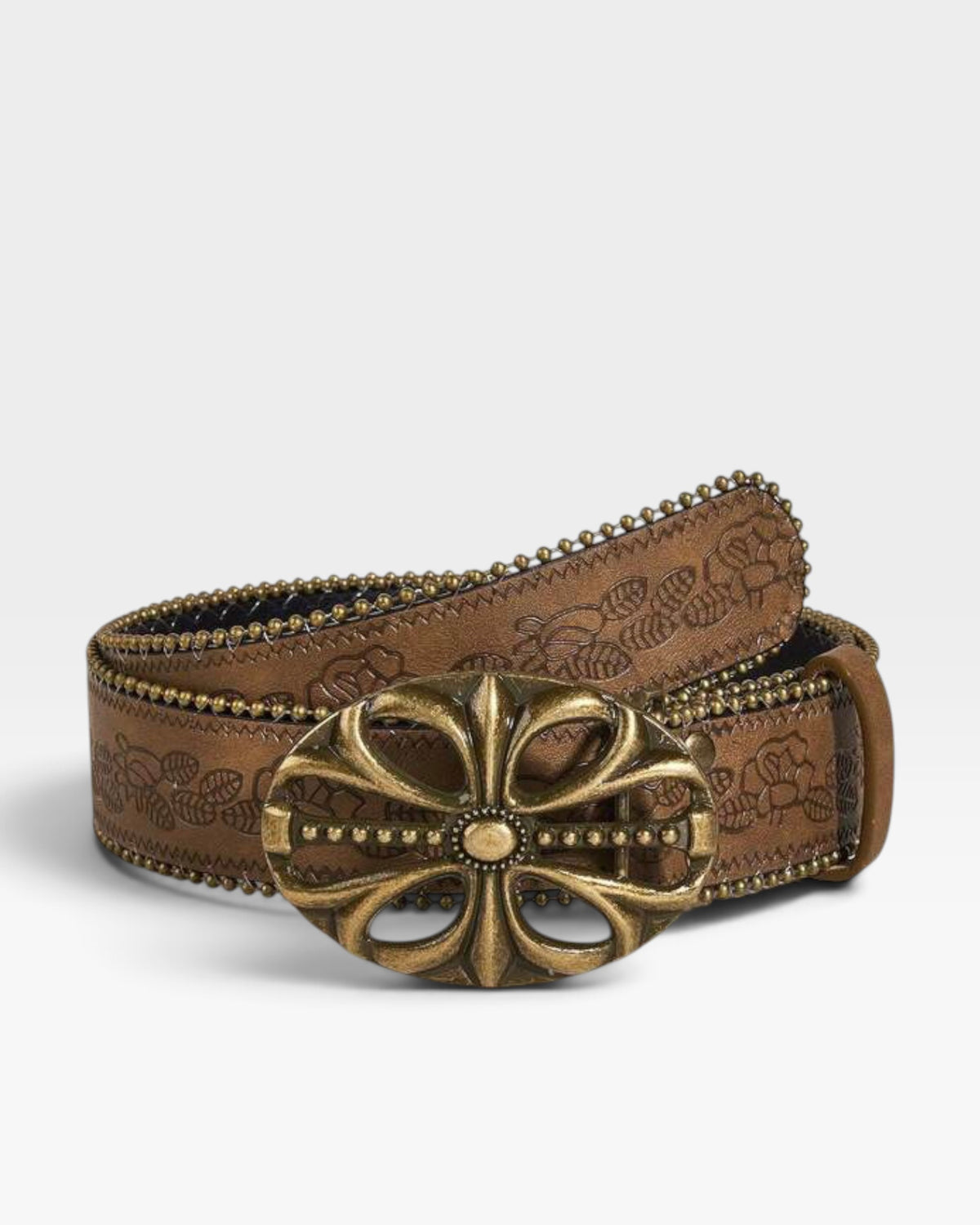 Brown Studded Western Belt with Antique Gold Floral Buckle